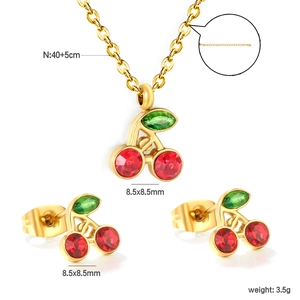 Golden stainless steel jewelry set with red cherry necklace and earrings for women
