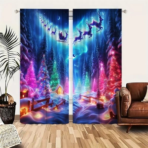 Detail of Christmas curtains featuring Santa's reindeer sleigh and a glowing winter forest