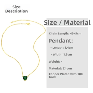 Detailed size specifications for the 18K gold plated copper green zircon heart necklace
