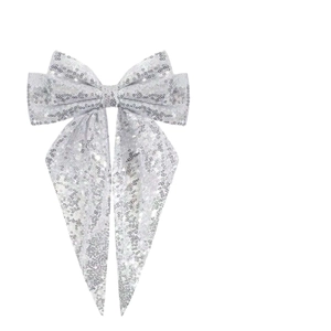 Sparkling silver oversized sequin bow hair clip with long ribbons for high ponytail