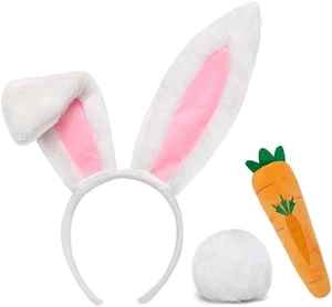 Close-up of plush rabbit ears headband, furry round tail, and carrot prop for Easter