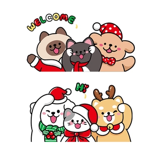 Christmas window decals featuring cute cartoon kittens and puppies in holiday outfits