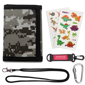 Detailed set of camo kids wallet with dinosaur stickers, lanyards and carabiner clip