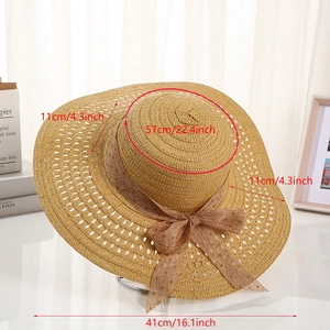 Detail showing summer straw sun hat dimensions with 11cm wide brim and golden bow ribbon
