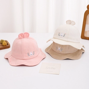 Baby Girls Bucket Hat Cotton Cute Bunny Ears Flower Embroidery Windproof Sun Protection Soft Autumn Fisherman Hat