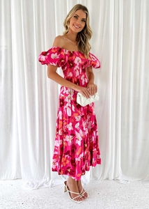 Abito midi floreale con spalle scoperte, maniche a sbuffo e stampa rosa con vita alta