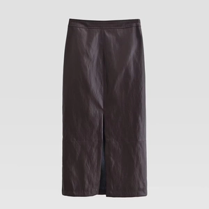 Jupe midi femme en similicuir taille haute avec ceinture et fente arrière chic