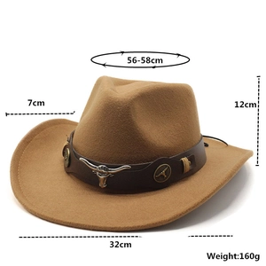 Brown wool felt western cowboy hat with bull head ornament and size specifications