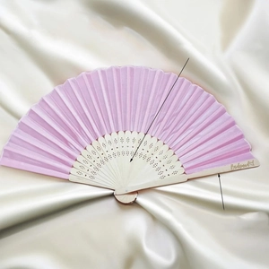 Pink silk wedding paper fan with Bridesmaid lettering and hollow wood frame