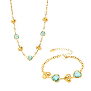 Conjunto de joyas de corazón en acero inoxidable bañado en oro 18K y cristal azul