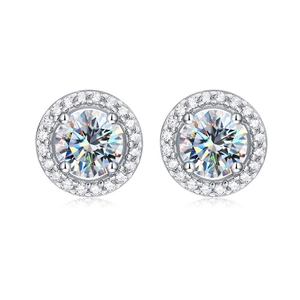 Macro shot of silver halo stud earrings with round moissanite and cluster setting detail