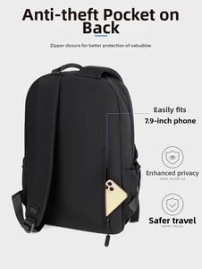 Detail showing the hidden anti-theft back pocket for 7.9-inch mobile phone storage on backpack