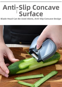 Detail of the non-slip concave grip and detachable stainless steel blade peeling a cucumber