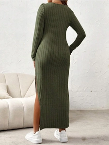 Detailed back view of a slim-fit dark green knit maternity dress with side slit design