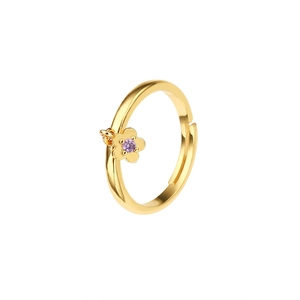 Exquisite 18k gold plated open flower ring with a central purple zircon gemstone