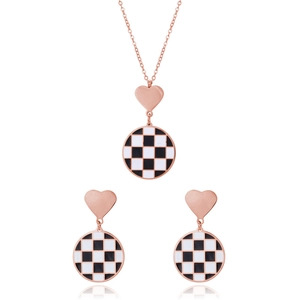 Luxurious rose gold checkerboard necklace and heart earring jewelry set for women