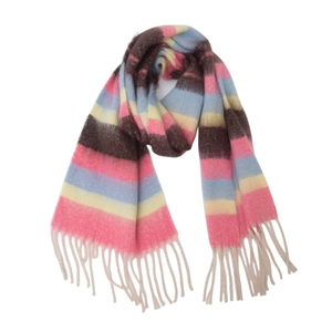 Close-up of thick striped knit scarf with long fringe details and fuzzy texture