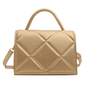 Champagne gold quilted crossbody bag with top handle and geometric rhombus texture