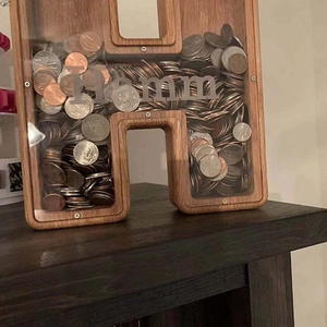 H-shaped wooden piggy bank with clear acrylic panel and custom engraving design