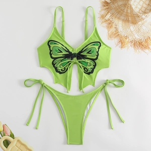 Detail of green butterfly print bikini set with lace-up top and scalloped edges