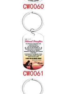 Detail of silver stainless steel keychains for daughter with mom silhouette and engraving