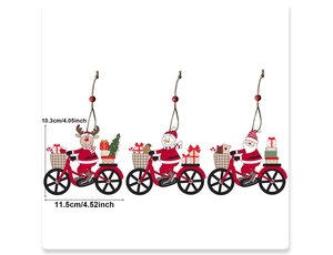 Detailed view of wooden Christmas ornaments featuring Santa, snowman, and reindeer on bicycles