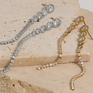 Elegant long tassel drop earrings with cubic zirconia in silver and gold finish
