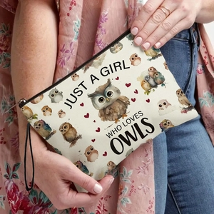 Portable owl print canvas makeup bag with wrist strap and heart pattern details