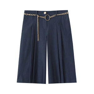 Short Femme Jambe Large Taille Haute Bleu Foncé Avec Ceinture Chaîne En Métal Doré Décontracté Bureau Culottes