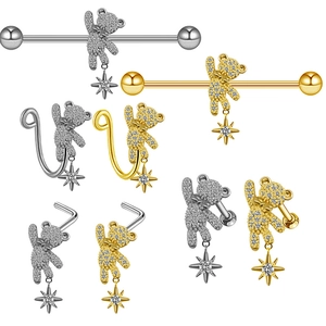 Nose Rings Industrial Barbells Stainless Steel Copper Zircon Inlaid Bear Star Dangle Body Piercing Jewelry For Women