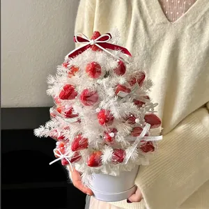 Mini strawberry tree bouquet in a white round pot held by hands for holiday decoration