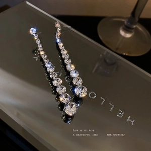 Elegant silver tassel earrings with sparkling rhinestones on a reflective mirror base
