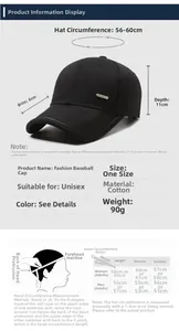 Detailed size chart for cotton baseball cap with measurements and head circumference guide
