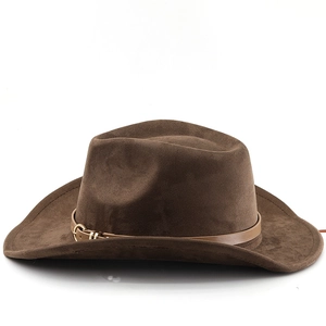 Close-up of brown suede fedora featuring a wide brim and slim leather belt with gold buckle