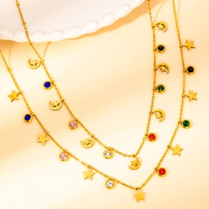 Gold stainless steel necklace with colorful zircon gemstones and celestial star-moon charms