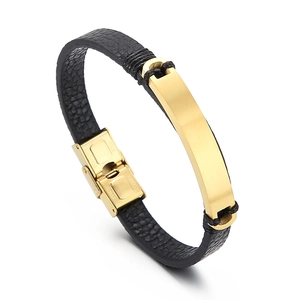 Modisches geflochtenes schwarzes Lederarmband mit polierter goldener Edelstahl-Bogenplatte