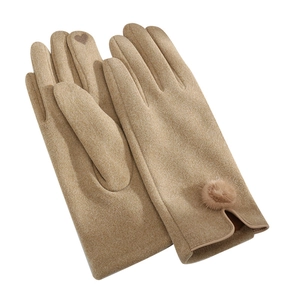 Khaki warm fleece-lined winter gloves for women with faux fur pom and heart touchscreen embroidery