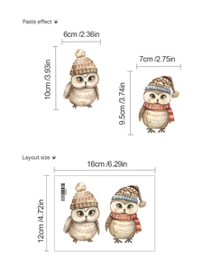 Vue macro de stickers muraux hiboux mignons avec dimensions et effet de pose