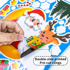 Double-side printed Christmas window clings featuring Santa and reindeer with pre-cut design