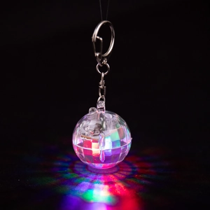 Detail of LED disco ball keychain showing multicolor light effects on dark background