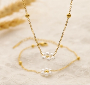 Detail of elegant pearl flower jewelry set on lace background with golden chain