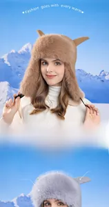 Detail of warm winter hat with plush faux fur texture and decorative sheep horns