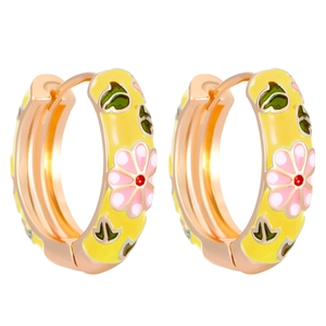 Vintage enamel hoop earrings with yellow base and pink floral patterns in Chinese style