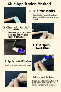 Five-step visual guide for applying press-on nails with glue and professional tools