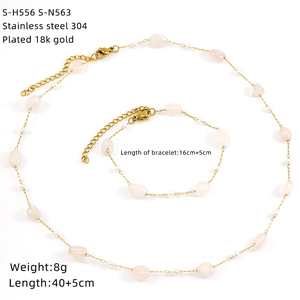 Detail view of 18K gold plated stainless steel set with pink gemstones and small pearls
