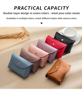 Detailed view of genuine leather coin pouches in seven colors with snap button closure