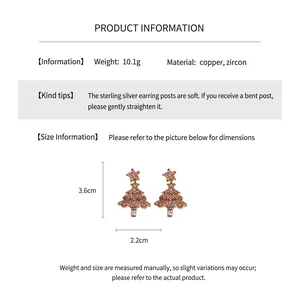 Detail view of zircon Christmas tree earrings with size specs 3.6cm by 2.2cm