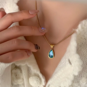 Water Drop Pendant Necklace With Synthetic Gemstone Stainless Steel Snake Chain Vintage Non-Fading Jewelry For Women