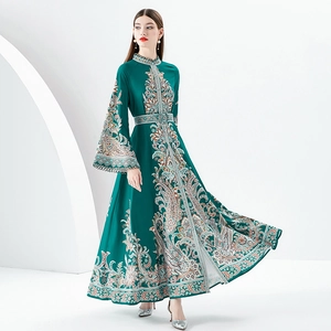 Vintage Paisley Maxikleid Damen Stehkragen Glockenärmel Boho Ethnisch A-Linie Abendkleid Seidiger Satin Glanz