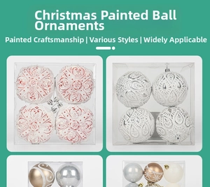 Detail of hand-painted Christmas ball ornaments in red gold and silver festive patterns